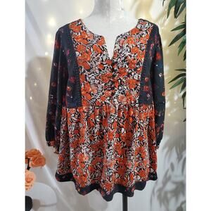 Caffé Marrakesh Floral 3/4 Sleeve Babydoll Boho Blouse Womens Sz 2X Hippie Top